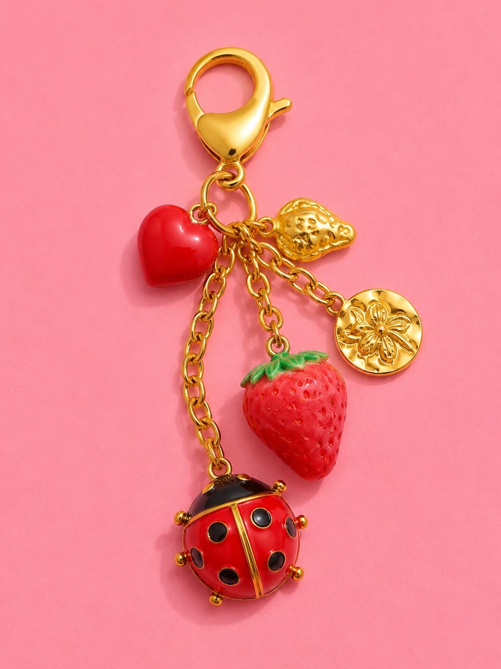 Strawberry Ladybug Luck Charm Keychain Gold Accessory